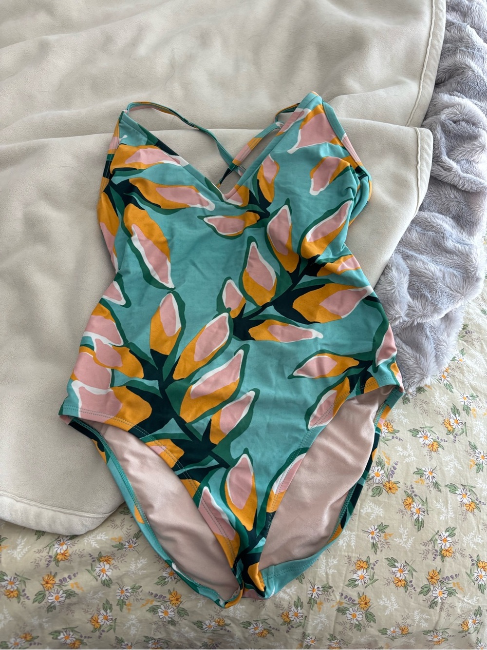 Kona Sol Teal Floral One-Piece Swimsuit with Pink & Mustard Accents